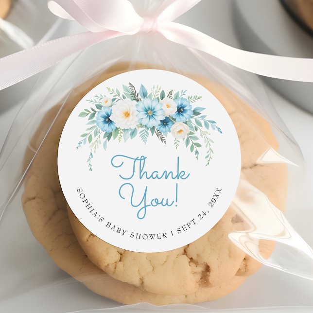 Dusty Blue Floral Elegant Baby Dusche Vielen Dank Runder Aufkleber (Von Creator hochgeladen)