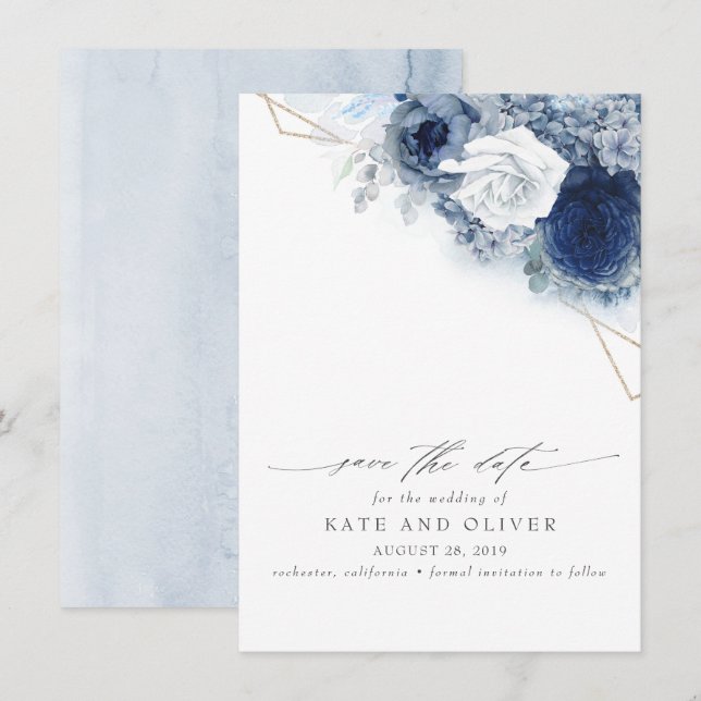 Dusty Blue Floral Elegant Botanisch Save the Date Ankündigung (Vorne/Hinten)