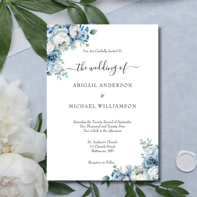 Dusty Blue Floral Elegant Formal Script Hochzeit Einladung (Dusty Light Blue Floral Watercolor Peonies Wedding Invitation. Elegant Traditional Formal)