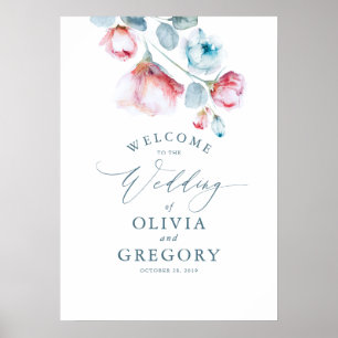 Dusty Blue Floral Élégante Affiche de bienvenue de