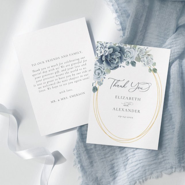 Dusty Blue Floral Elegante Botanische Hochzeit Dankeskarte (Von Creator hochgeladen)