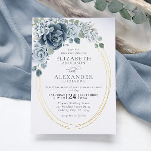 Dusty Blue Floral Elegante Botanische Hochzeit Gol Folieneinladung