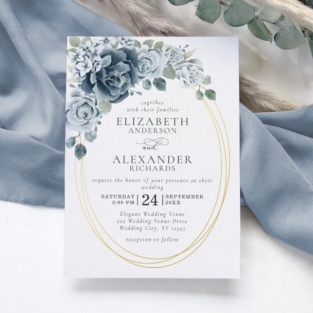 Dusty Blue Floral Elegante Botanische Hochzeit Gol Folieneinladung (Von Creator hochgeladen)