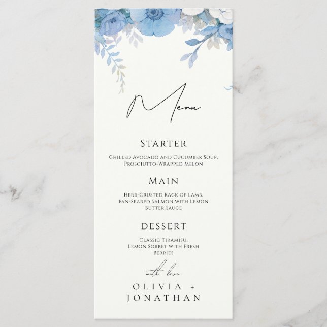 Dusty Blue Floral Elegante Wedding Menükarte (Vorderseite)