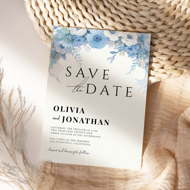 Dusty Blue Floral Elegante Wedding Save The Date (Von Creator hochgeladen)