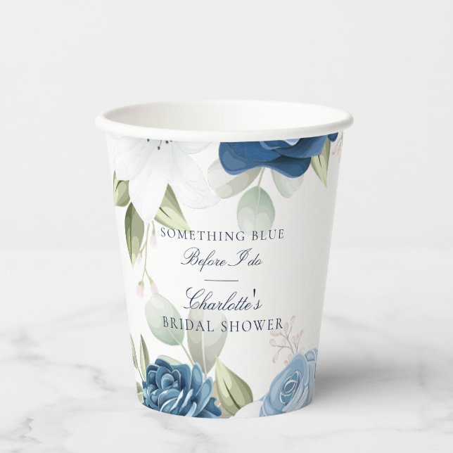 Dusty Blue Floral Elegantes Brautparty Pappbecher (Vorderseite)