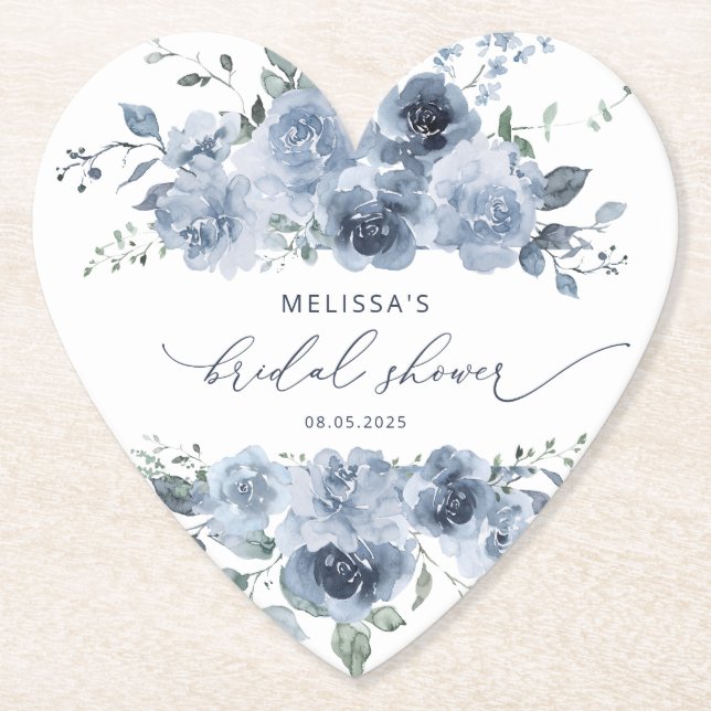 Dusty Blue Floral Elegantes Brautparty Untersetzer (Vorderseite)