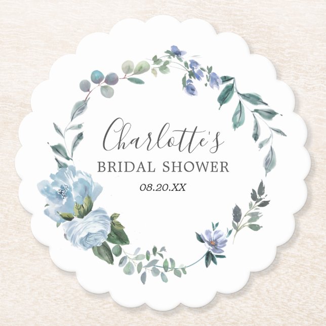 Dusty Blue Floral Elegantes Hübsches Brautparty Untersetzer (Vorderseite)