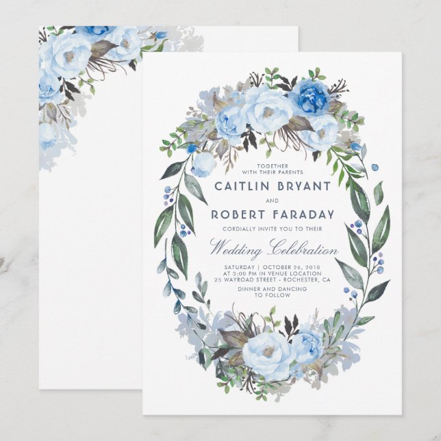 Dusty Blue Floral Elegantes Wasserfarbenhochzeit Einladung (Vorne/Hinten)