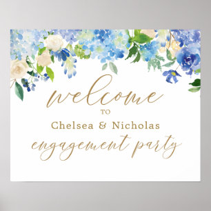 Dusty Blue Floral Engagement Party Begrüßungspult Poster