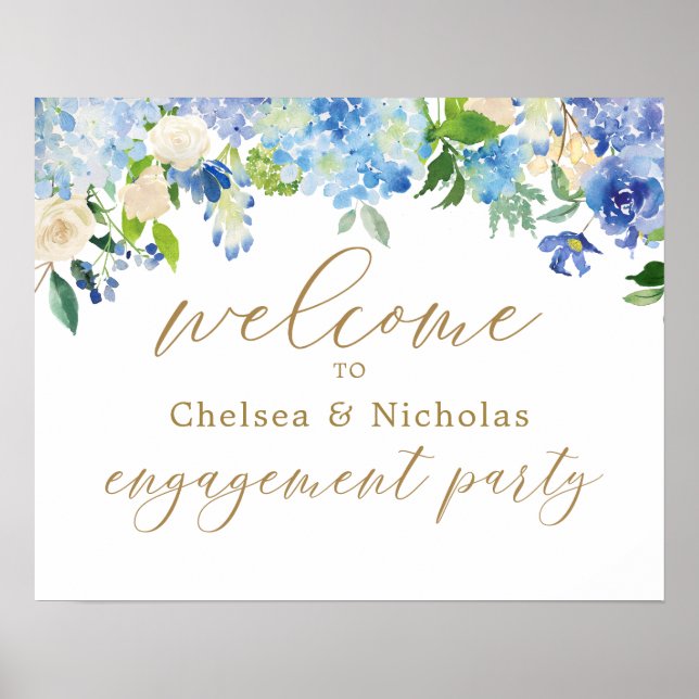 Dusty Blue Floral Engagement Party Begrüßungspult Poster (Vorne)