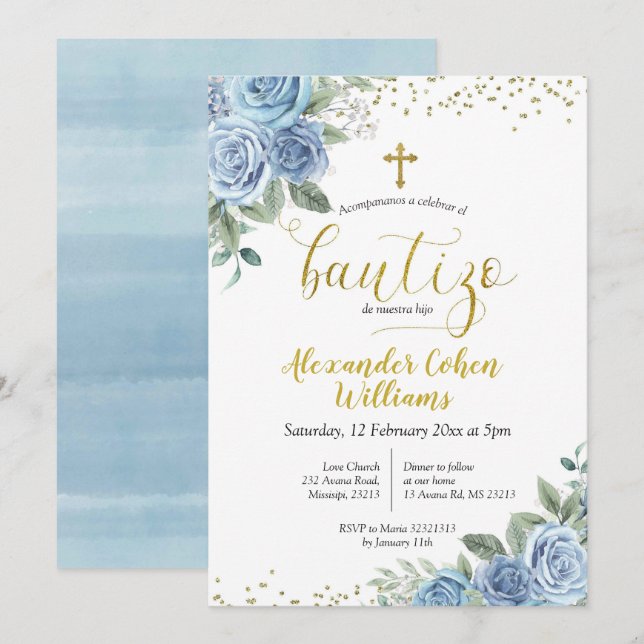 Dusty Blue Floral Espagnol Boy Bautizo Invitation (Devant / Derrière)