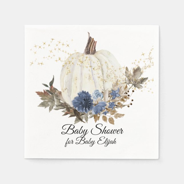 Dusty Blue Floral Fall Pumpkin Gold Baby Dusche Serviette (Vorderseite)