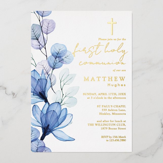 Dusty Blue Floral First Holy Communion Gold Folieneinladung (Vorderseite)