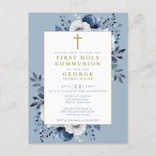 Dusty Blue Floral First Holy Communion Invitation