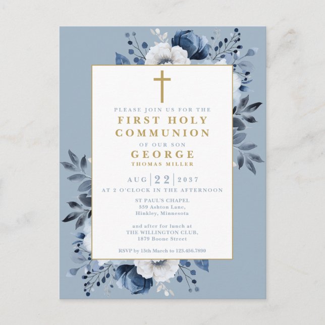Dusty Blue Floral First Holy Communion Invitation (Devant)