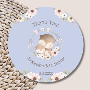 Dusty Blue Floral Forest Owl Babydusche Vielen Dan Runder Aufkleber