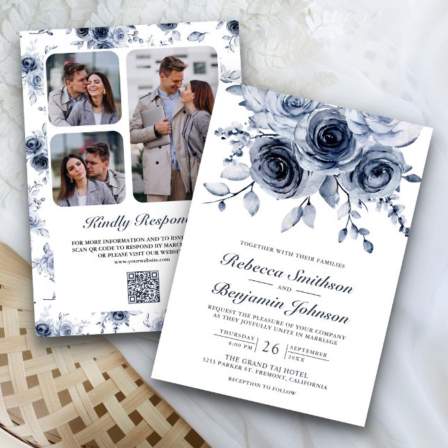 Dusty Blue Floral Foto Collage QR Code Hochzeit Einladung (Von Creator hochgeladen)