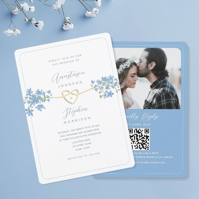 Dusty Blue Floral Foto Hochzeit Einladung mit QR (Von Creator hochgeladen)