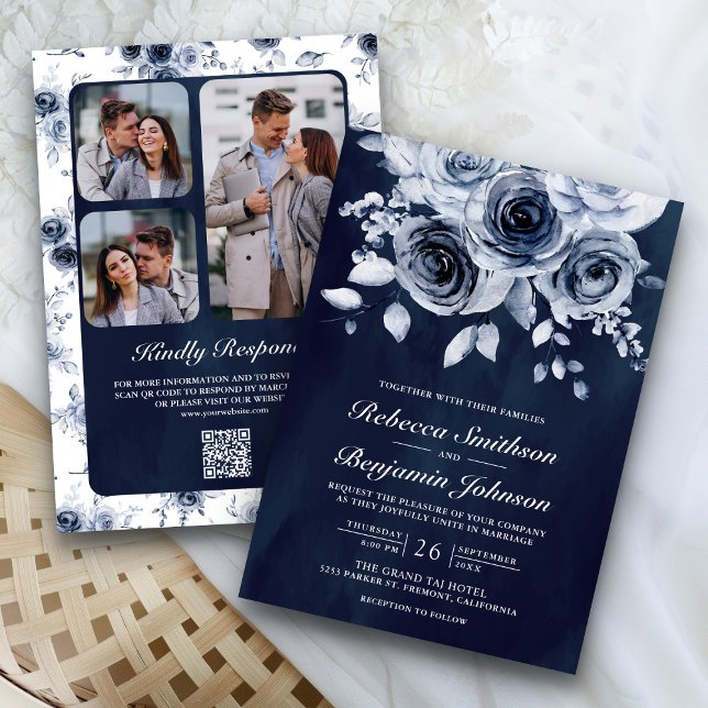 Dusty Blue Floral Foto QR Code Navy Hochzeit Einladung (Von Creator hochgeladen)