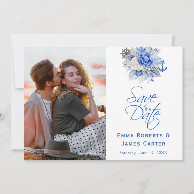 Dusty Blue Floral Foto Save the Date (Vorderseite)
