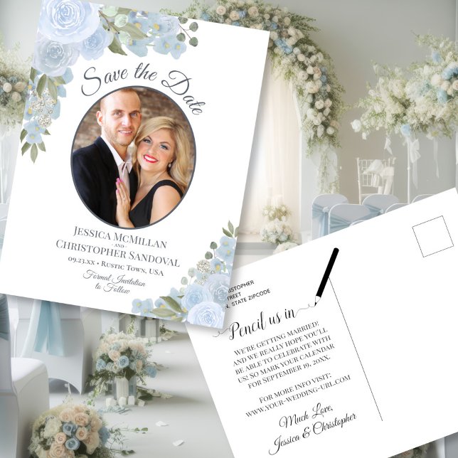 Dusty Blue Floral & Foto Wedding Save the Date Ankündigungspostkarte (front/back)
