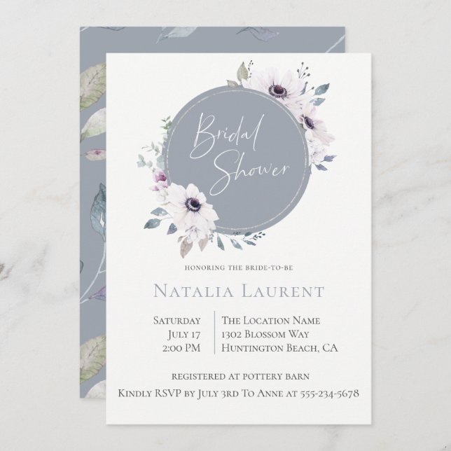 Dusty Blue Floral Frame Bridal Shower Invitation (Devant / Derrière)