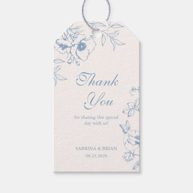 Dusty Blue Floral Garden Wedding Vielen Dank Geschenkanhänger (Vorderseite)