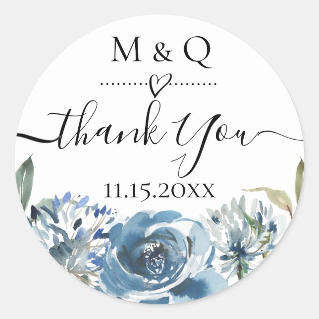 Dusty Blue Floral Gastgeschenk Hochzeit Vielen Dan Runder Aufkleber (Vorderseite)