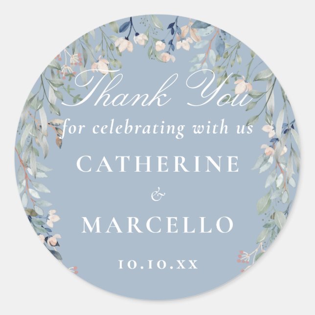 Dusty Blue Floral Gastgeschenk Hochzeit Vielen Dan Runder Aufkleber (Vorderseite)