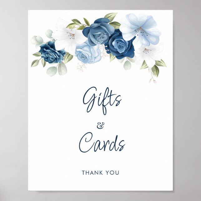 Dusty Blue Floral Geschenke und Karten Hochzeit Poster (Vorne)