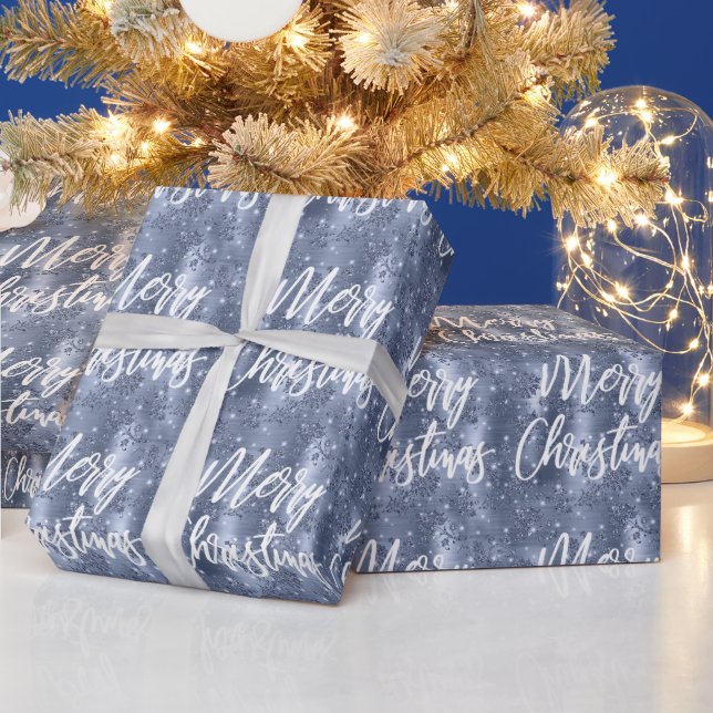 Dusty Blue Floral Glitzer Frohe Weihnachtsschrift Geschenkpapier (Feiertage)
