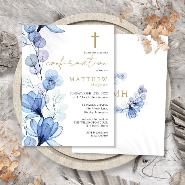 Dusty Blue Floral Gold Bestätigung Einladung Postkarte (Dusty Blue Floral Gold Confirmation Invitation Postcard)