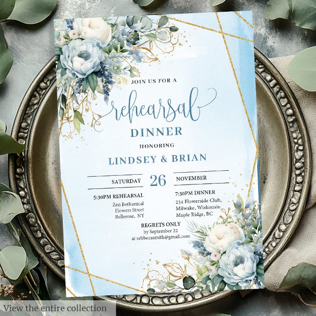 Dusty Blue Floral Gold Frame Dinner Einladung (Watercolor Dusty Blue Floral Gold Frame Dinner Card)