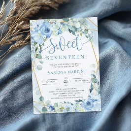 Dusty Blue Floral Gold Geometric Sweet siebzehn Einladung