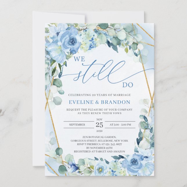 Dusty Blue Floral Gold Geometric Vow Renewal Einladung (Vorderseite)