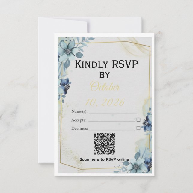 Dusty Blue Floral Gold Geometric Wedding Suite RSVP Karte (Vorderseite)