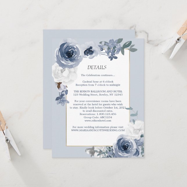 Dusty Blue Floral Gold Mariage Détails Carte (Devant/Arrière en situation)