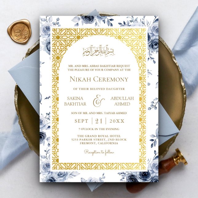 Dusty Blue Floral Gold Muster muslimische Hochzeit Einladung (Von Creator hochgeladen)