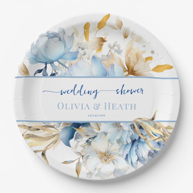 Dusty Blue Floral Gold Paare Dusche Pappteller (Vorderseite)