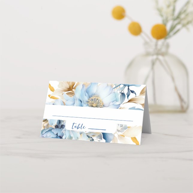 Dusty Blue Floral Gold Platzkarte (Vorderseite)