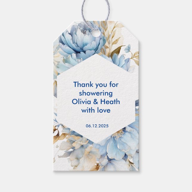 Dusty Blue Floral Gold Polterabend Geschenkanhänger (Vorderseite)