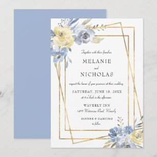 Dusty Blue Floral Gold Rahmen Wedding Einladung