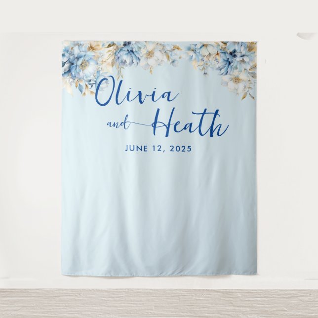 Dusty Blue Floral Gold Wandteppich (Vorderseite)