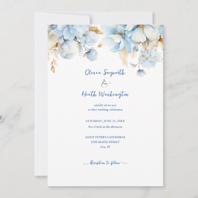 Dusty Blue Floral Gold Wedding 2 Einladung (Vorderseite)