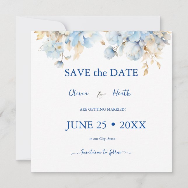 Dusty Blue Floral Gold Wedding 2 Save The Date (Vorderseite)