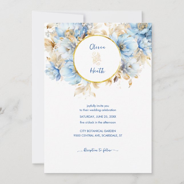 Dusty Blue Floral Gold Wedding Einladung (Vorderseite)
