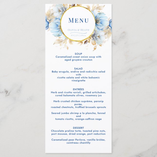 Dusty Blue Floral Gold Wedding Menükarte (Vorderseite)