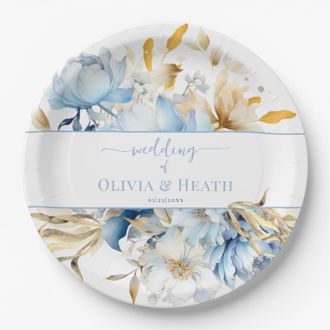Dusty Blue Floral Gold Wedding Pappteller (Vorderseite)