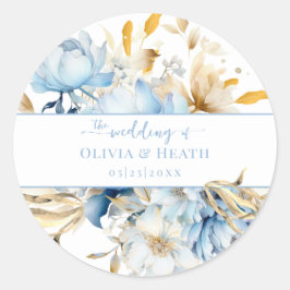 Dusty Blue Floral Gold Wedding Runder Aufkleber